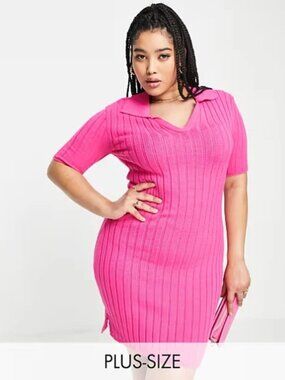 I Saw It First Plus Shirt Sleeve Rib MIDI Dress With Side Split, Size 20, Pink